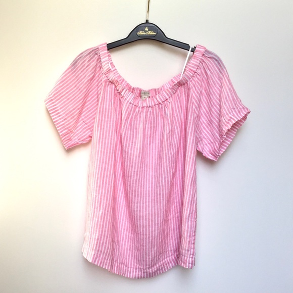 J.Crew Factory | Pink Striped Linen Off Shoulder - Picture 3 of 3